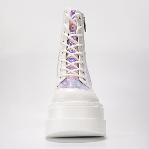 Women's White Chunky Block Heels Pointed Toe Leather Buckle Strap Retro Boots - Picture 4 of 9